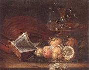 unknow artist Still life of a lute,books,apples and lemons,together with a gilt tazza with a wine glass and decanters,all upon a stone ledge painting